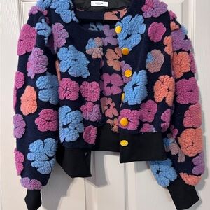 Colorful Floral Knit Cardigan with Yellow Buttons